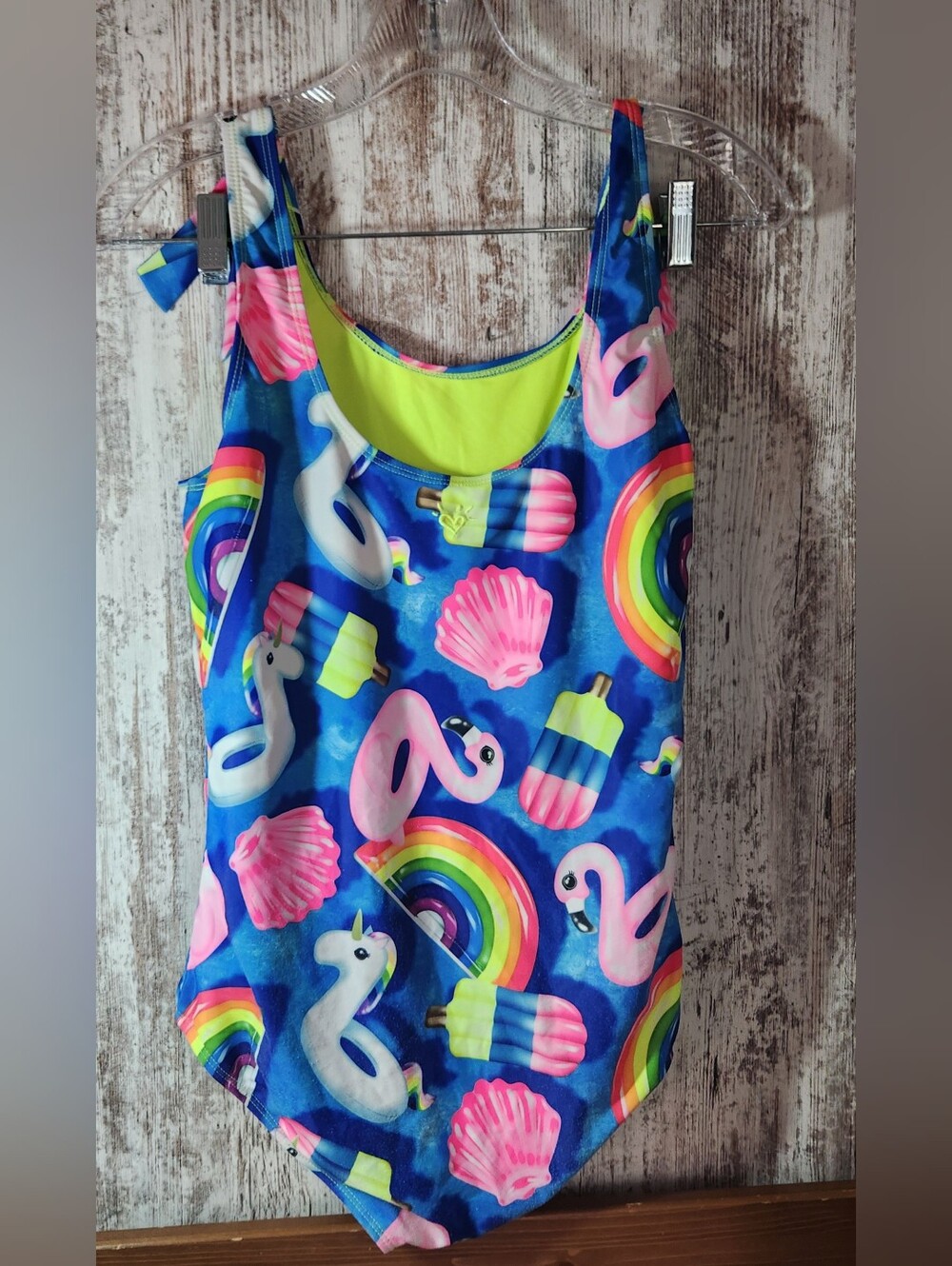 Justice Big Girl Blue Pool Floaty Rainbow Flamingo Popsicle One-Piece Swimsuit - Picture 4 of 8